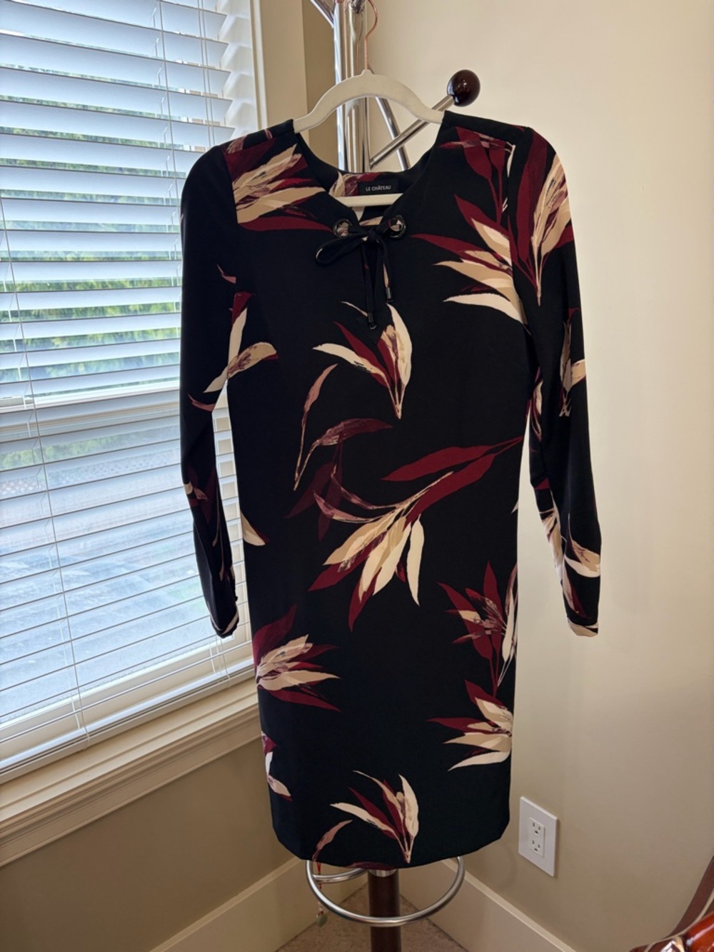 le chateau Black Floral Shift Dress with Burgundy and Cream Leaves